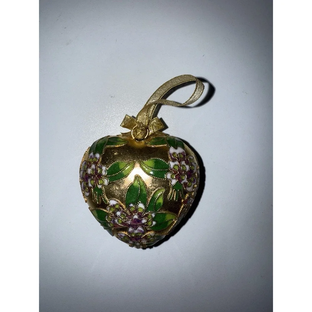 Cloisonné Puffy Heart‎ Shaped Ornament Double Sided Gold Green P
